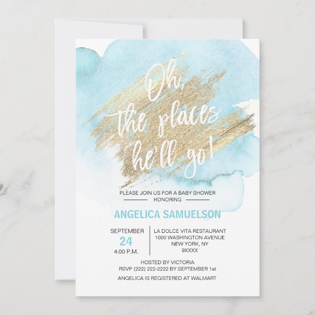 Convite Aquarela Azul Os lugares que ele vai Chá de fralda (Frente)