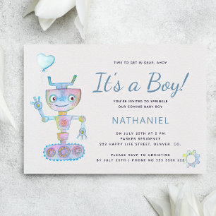 Convite Aquarela azul robô fofo é um menino baby shower