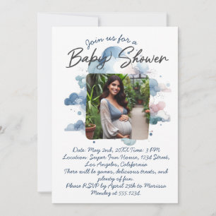 Convite Aquarela azul roteiro personalizado de baby shower