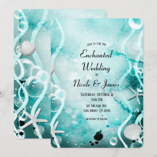 Convite Aquarela Azul-Verde Tinta Salpicada Casamento Deba