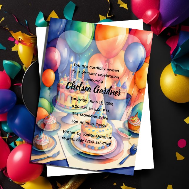 Convite Aquarela Balões de Aniversário Cakes Coloridos (Criador carregado)