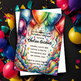 Convite Aquarela Balões de Aniversário Coloridos