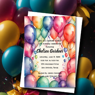 Convite Aquarela Balões de Aniversário Coloridos
