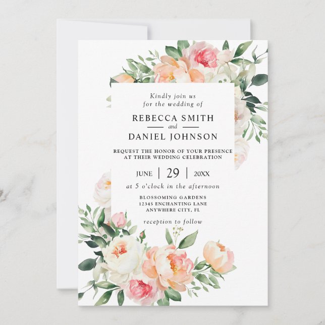 Convite Aquarela Bege Flores e Folhagens Casamento (Frente)