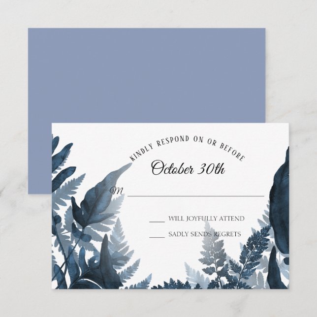 Convite Aquarela Boho Azul Moderno Folhagem de Samambaia R (Frente/Verso)