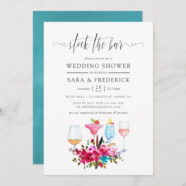 Convite Aquarela Boho Chic Floral Abasteça o Bar (Frente/Verso)