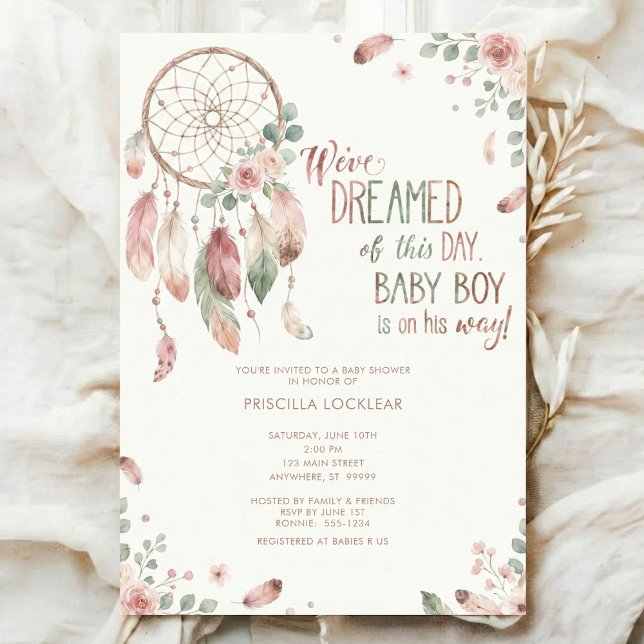 Convite Aquarela Boho flor Dreamcatcher Chá de Bebê (Criador carregado)