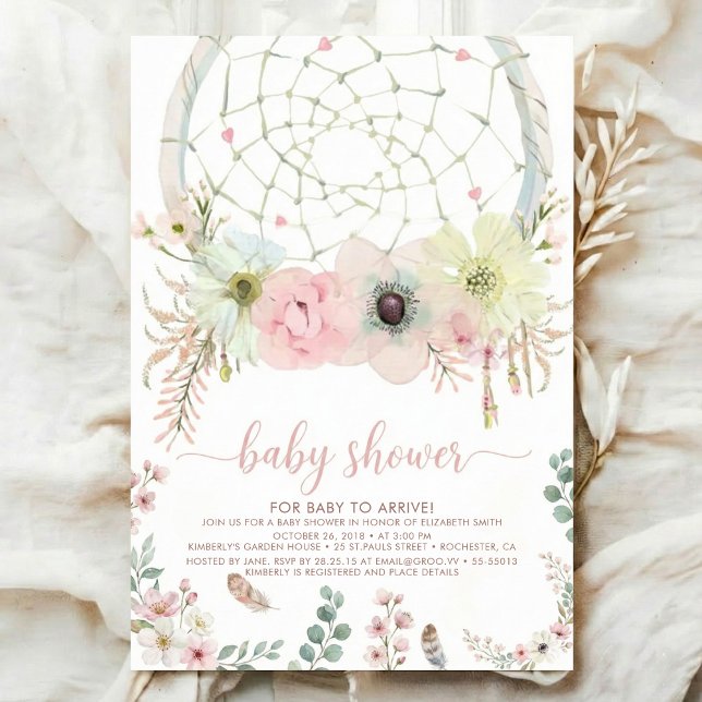 Convite Aquarela Boho flor Dreamcatcher Chás de Bebê (Criador carregado)