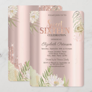 Convite Aquarela Boho Floral Rosa Dourado Sweet 16