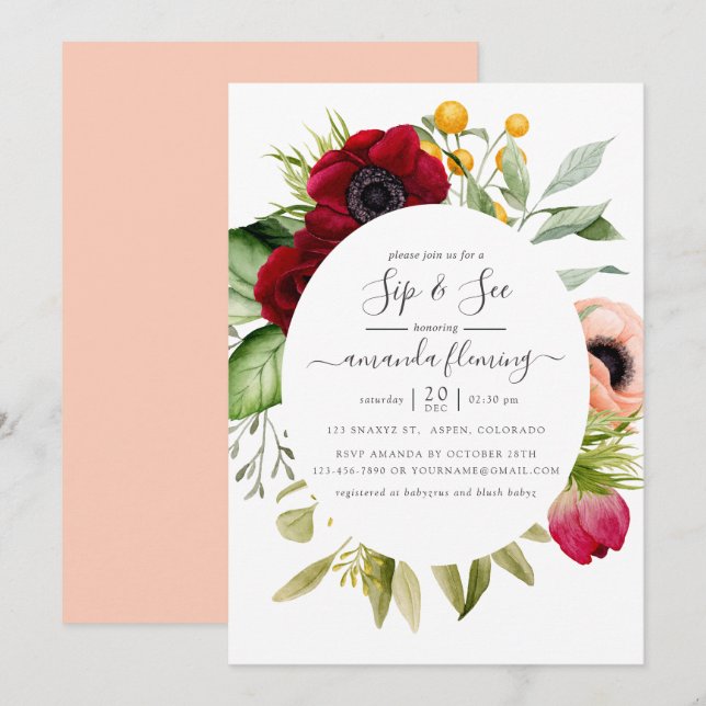 Convite Aquarela Boho Floral Sip and See (Frente/Verso)