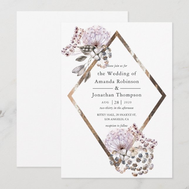 Convite Aquarela Boho Flores Secas Casamento (Frente/Verso)