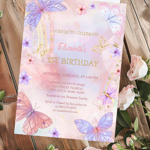 Convite Aquarela Borboleta Lilás Dourada Aniversário Arco-