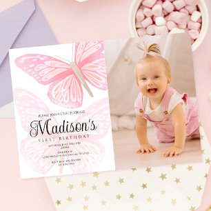 Convite Aquarela Borboletas Rosa Bonito Primeiro Aniversár