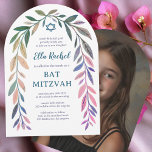 Convite Aquarela Botânica Bar Mitzvah Arco Foto<br><div class="desc">Cartão perfeito para anunciar um bat mitzvah, bar mitzvah ou outra celebração judaica! Arte delicada de trama de folhas desenhada à mão para você! TOTALMENTE PERSONALIZÁVEL! Clique em “Personalizar” acima para editar o texto e adicionar sua foto no verso. Clique em "editar usando a ferramenta de design" para ajustar as...</div>