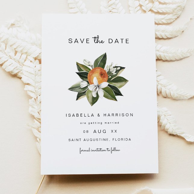 Convite Aquarela Botânica de Flores de Laranjeira Salvar D (Elegant Orange Botanical Save the Date Cards)