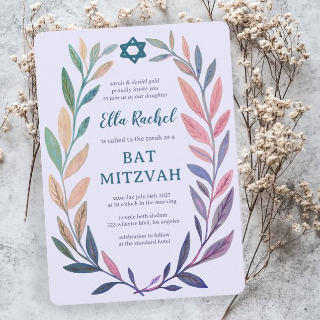 Convite Aquarela Botânica Estrela de Davi Bar Bat Mitzvah (Botanical Watercolor Star of David Bar Bat Mitzvah Invitation
)