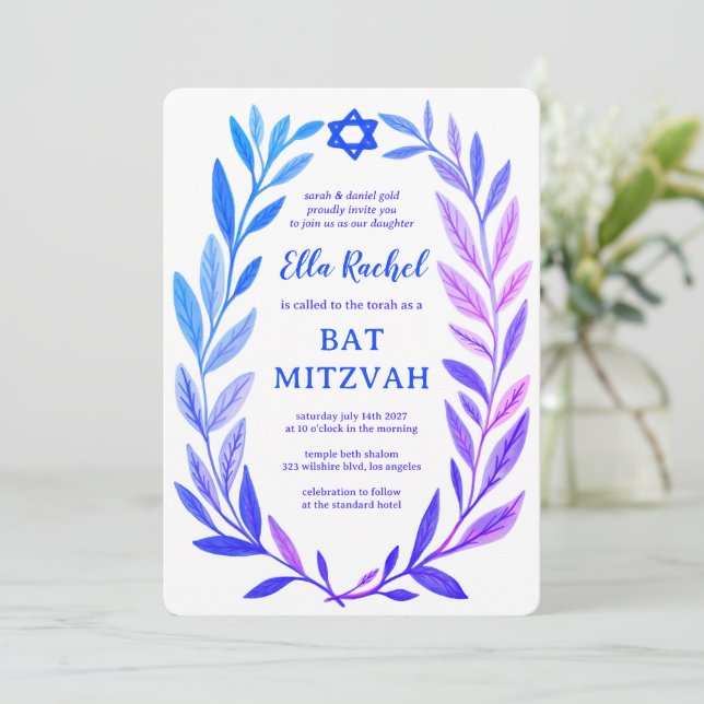 Convite Aquarela Botânica Estrela de Davi Bar Bat Mitzvah (Em pé/Frente)