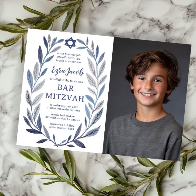 Convite Aquarela Botânica FOTO PERSONALIZADA Bar Mitzvah (Botanical Watercolor CUSTOM PHOTO Bat Bar Mitzvah Invitation
)