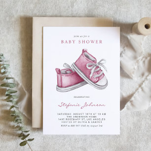 Convite Aquarela Botinhas Rosa de Bebê Código QR Chá de Be