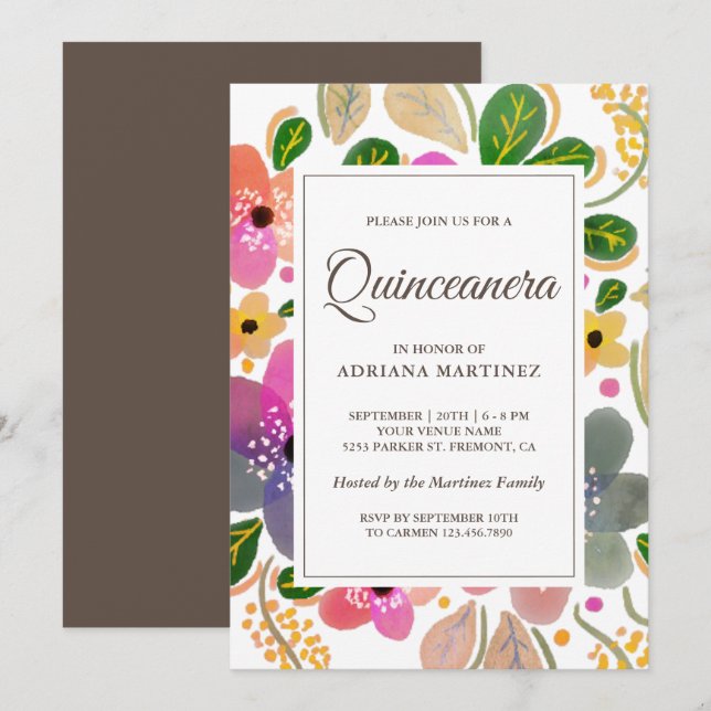 Convite Aquarela Brilhante Quinceanera Floral (Frente/Verso)