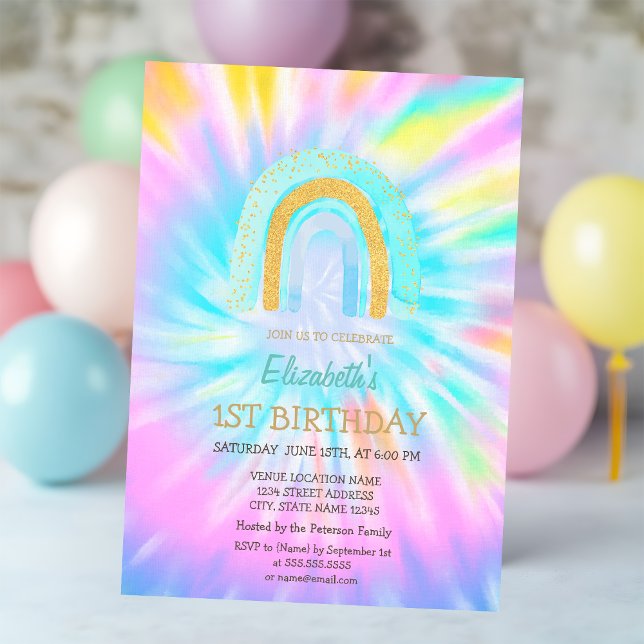 Convite Aquarela Brilho Arco-íris Tie Dye Aniversário (Criador carregado)