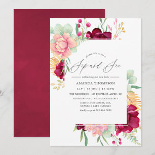 Convite Aquarela Burgundy e Floral Cor-de-Rosa Beber e Ver