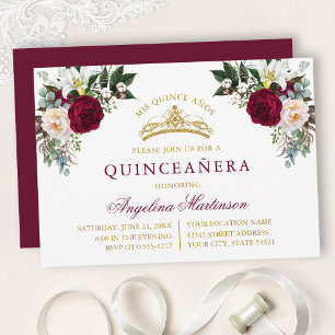 Convite Aquarela Burgundy Floral Coroa de Ouro Quinceanera