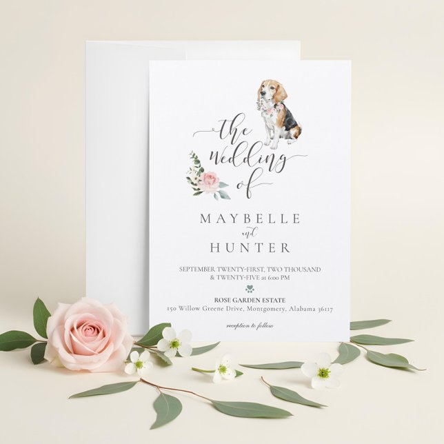 Convite Aquarela Cachorro Beagle Pet & Floral Rosa (Watercolor Beagle Dog Pet & Floral Pink Rose Invitation)