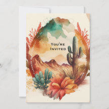 Aquarela Cacto do Deserto e Montanhas de Aniversár