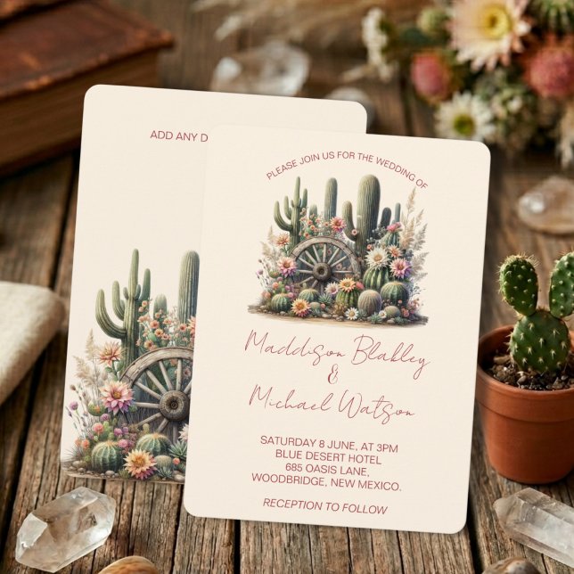 Convite Aquarela Cactos & Roda de Carroça Casamento Rústic (Criador carregado)