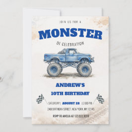 Convite Aquarela Caminhão Monstro Azul Moderno Aniversário