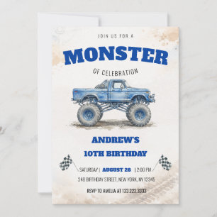 Convite Aquarela Caminhão Monstro Azul Moderno Aniversário