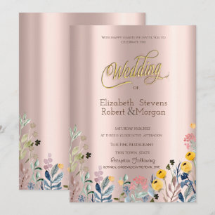Convite Aquarela Campo de Flores Silvestres Rosa Dourado