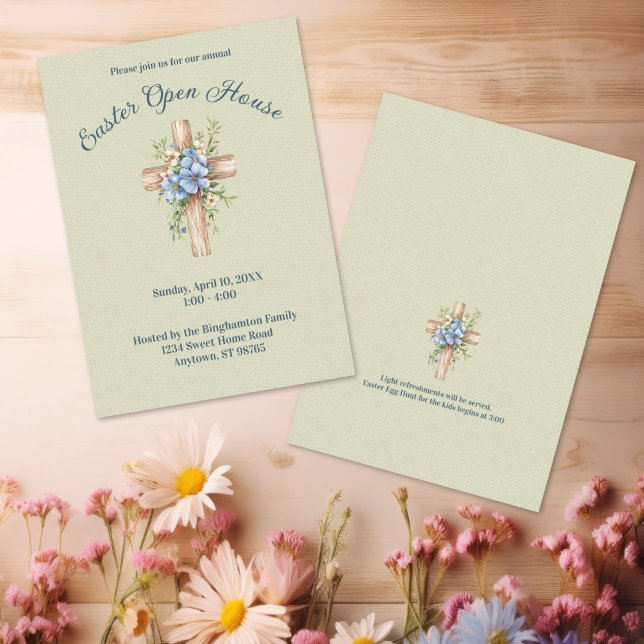 Convite Aquarela Casa Aberta de Páscoa com Cruzes Florais  (Watercolor Blue Floral Cross Personalized Easter Open House Invitation)