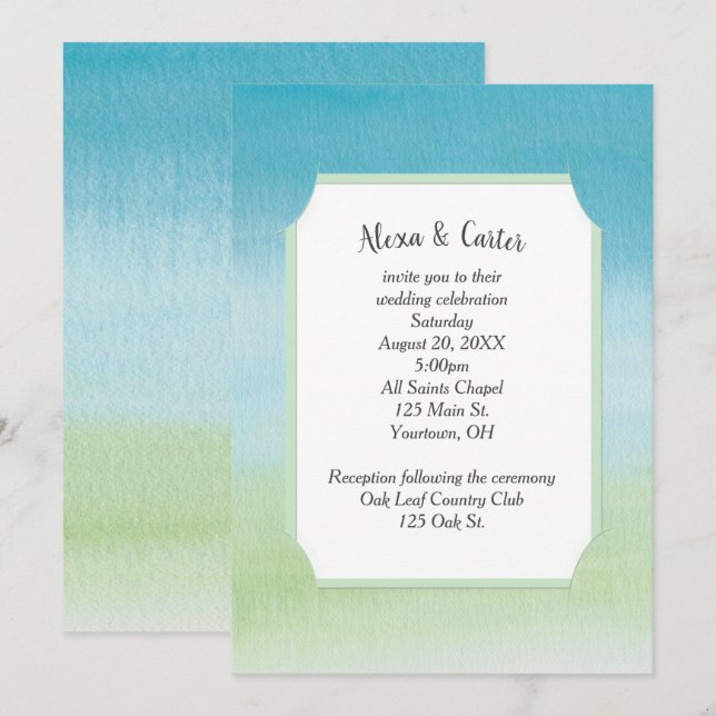 Convite Aquarela Casamento Aqua e Verde (Frente/Verso)