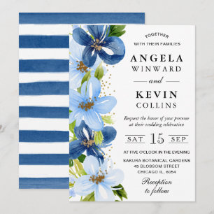 Convite Aquarela Casamento de Flores Azuis e Navy
