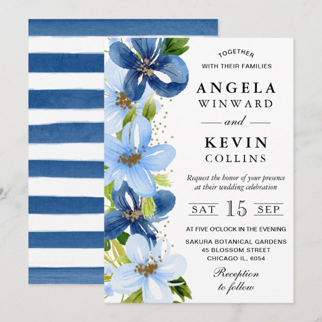 Convite Aquarela Casamento de Flores Azuis e Navy (Frente/Verso)