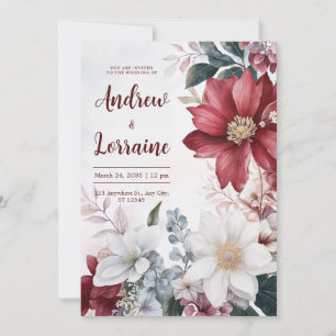 Convite Aquarela Casamento Floral Branco Outono Borgonha