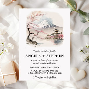 Convite Aquarela Casamento Japonês Fuji e Pagode Scênico
