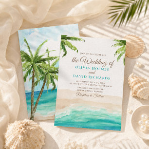 Convite Aquarela Casamento Praia Tropical & Palmeiras