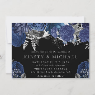 Convite Aquarela Casamento Rosas Navy e Prata