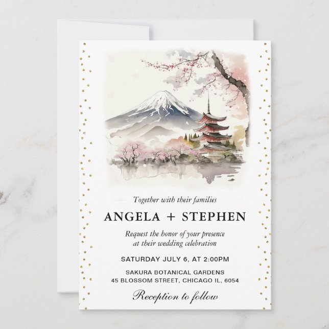 Convite Aquarela Casamento Temático Japonês Fuji e Pagode (Frente)