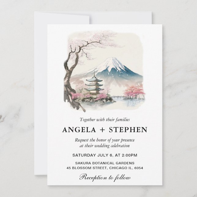 Convite Aquarela Casamento Temático Japonês Fuji e Pagode (Frente)