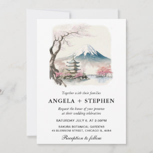 Convite Aquarela Casamento Temático Japonês Fuji e Pagode