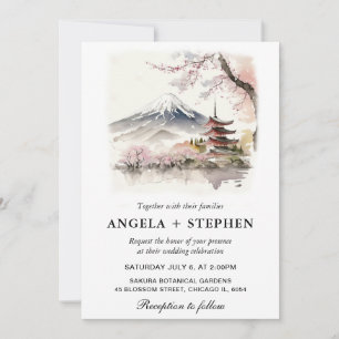 Convite Aquarela Casamento Temático Japonês Fuji e Pagode