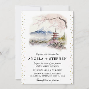 Convite Aquarela Casamento Temático Japonês Fuji e Pagode