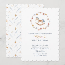 Convite Aquarela, cavalo de balanço, pom-poms, aniversário