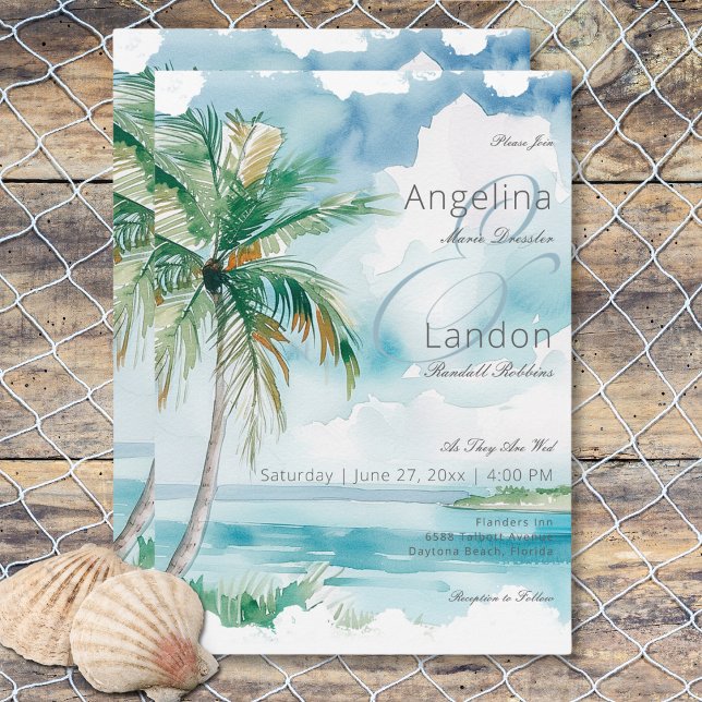 Convite Aquarela Cena de Palmeiras Modernas e Praia Casame (Watercolor Modern Palms & Beach Scene Wedding Invitation)