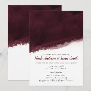 Convite Aquarela Cereja Preta e Dourado Casamento Moderno 