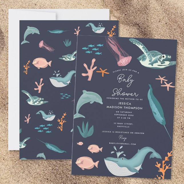 Convite Aquarela Chá de fraldas Azul de Animais do Mar do  (Watercolor Ocean Sea Animals Blue Baby Shower Invitation)